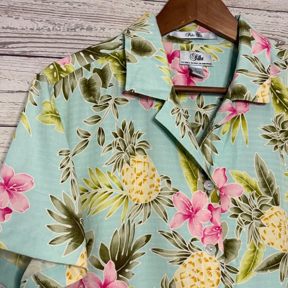 Silks‎ by Bill Blass 100% Silk Pineapple Hibiscus Tropical Shirt Blue Large - Picture 3 of 5